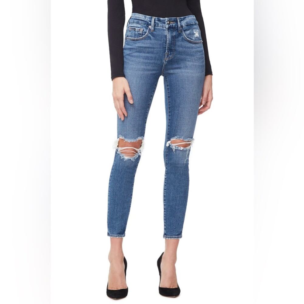 Good American Good Legs Crop jeans Blue261 medium wash denim distressed 4/27